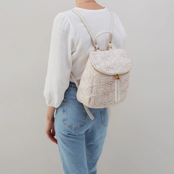 Hobo River White w Floral Stitch Backpack Purse Andy Thornal Company