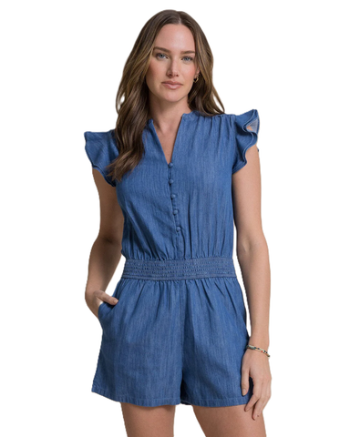 Southern Tide Women's Evalyn Flutter Sleeve Smocked Romper / Medium Wash Indigo