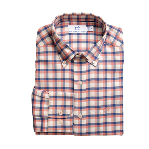 Southern Tide Men's LS Diamond Cove Heather Skipjack Sportshirt / Heather Coral Beach