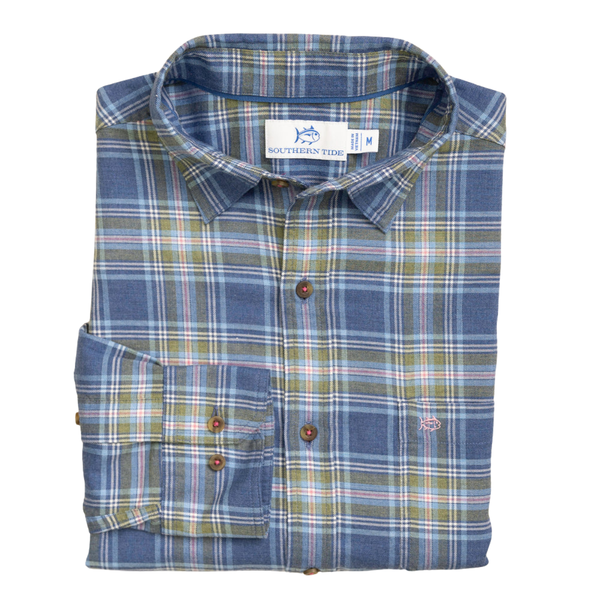 Southern Tide Men's LS Ocean View Heather Sportshirt / Heather Nautical Blue