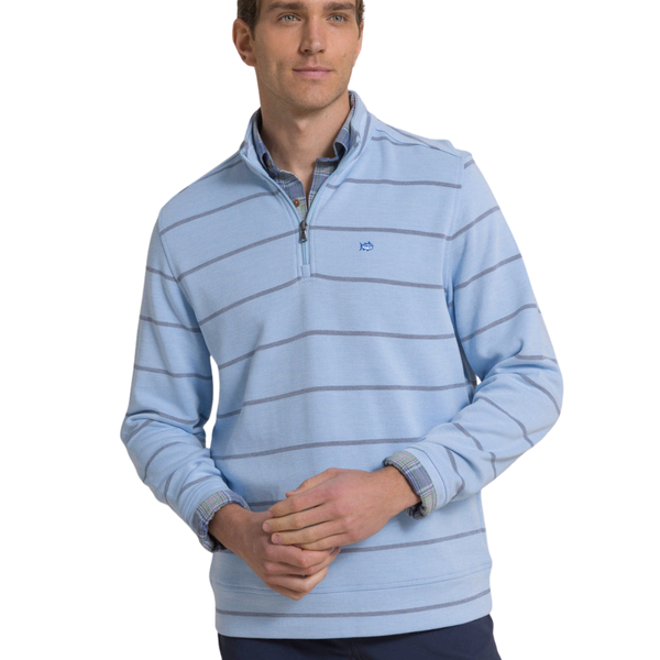 Southern Tide Men's Sandy Cove Stripe Pique Quarter Zip / Ocean Channel
