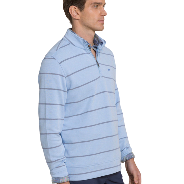 Southern Tide Men's Sandy Cove Stripe Pique Quarter Zip / Ocean Channel