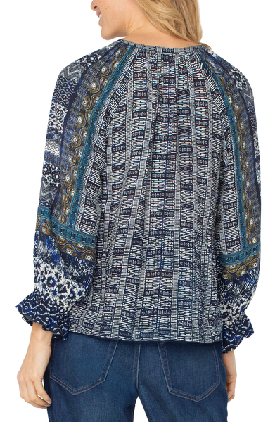 Liverpool Women's 3/4 Sleeve Button Front Woven Blouse / Blue Shibori Multi