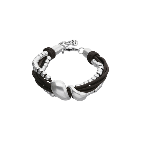 Uno de 50 Anima Silver Tone Beads with Leather Bracelet