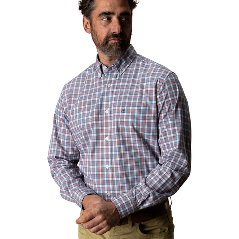 Duck Head Men's L/S Performance Poplin Sport Shirt - Barrett Plaid / Cedarwood