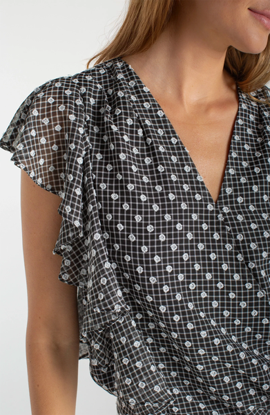 Liverpool Short Black/White Ruffle Sleeve Draped Front Woven Top