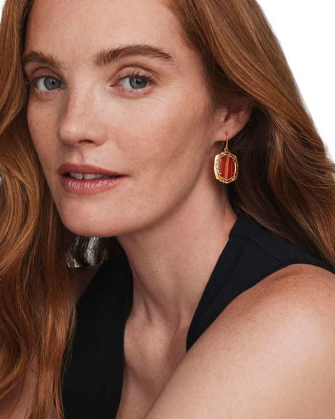 Kendra Scott Daphne Vintage Tiger Striped Orange Banded Agate Drop Gold Earrings