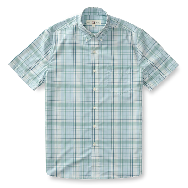 Duck Head Men's Stover Plaid Performance Poplin Short Sleeve Shirt / Light Blue