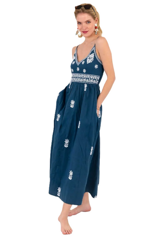 Gretchen Scott Women's NV/WH Fiesta Time Hand Embroidered Midi Dress