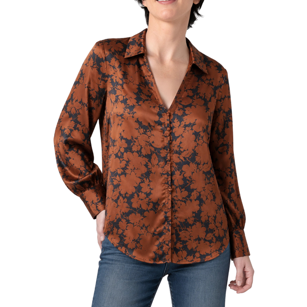 Liverpool Women's Long Sleeve Button Front Woven Blouse / Black Copper Floral