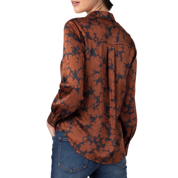 Liverpool Women's Long Sleeve Button Front Woven Blouse / Black Copper Floral
