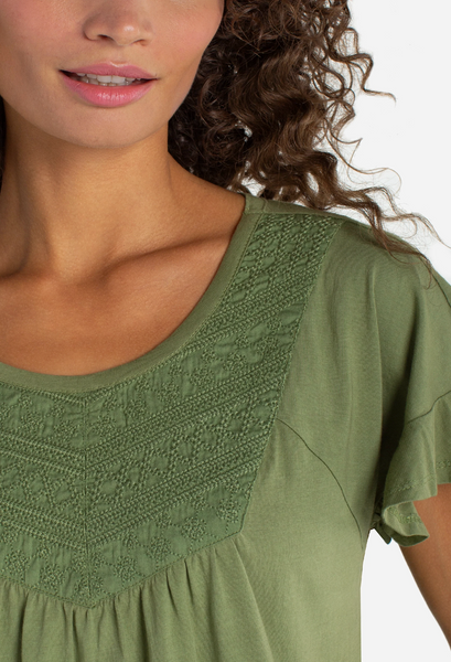 Liverpool Women's Flutter Woven to Knit Embelished Top / Juniper Green