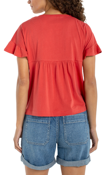 Liverpool Women's Flutter Woven To Knit Embellished Top / Red Clay