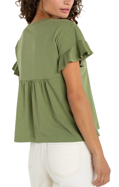 Liverpool Women's Flutter Woven to Knit Embelished Top / Juniper Green