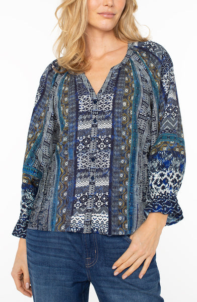 Liverpool Women's 3/4 Sleeve Button Front Woven Blouse / Blue Shibori Multi
