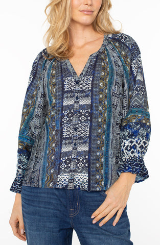 Liverpool Women's 3/4 Sleeve Button Front Woven Blouse / Blue Shibori Multi