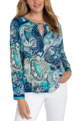 Liverpool Long Sleeve Aqua/Blue Woven Keyhole Neckline Top