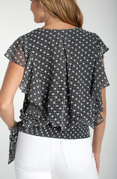 Liverpool Short Black/White Ruffle Sleeve Draped Front Woven Top