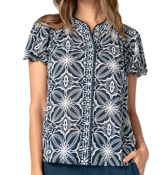 Liverpool Women's Flutter Sleeve Button Front Knit Top / Blue With Cream
