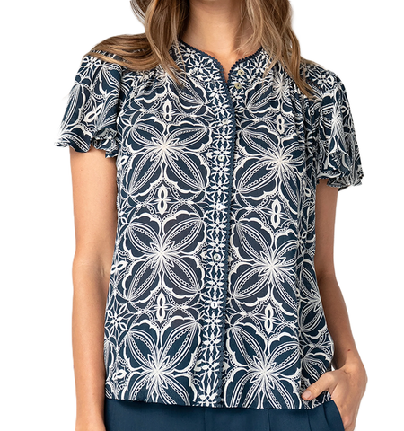 Liverpool Women's Flutter Sleeve Button Front Knit Top / Blue With Cream