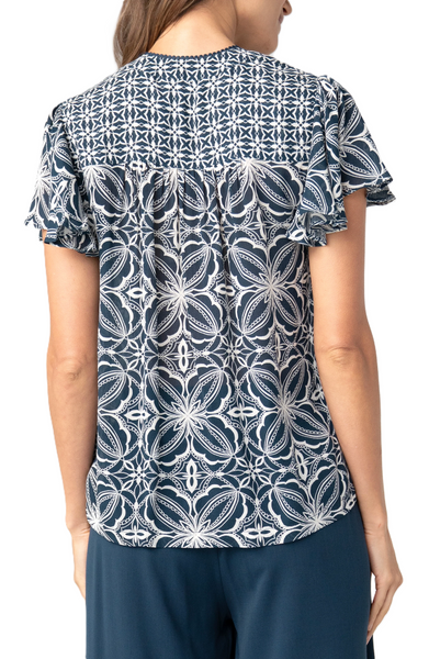Liverpool Women's Flutter Sleeve Button Front Knit Top / Blue With Cream