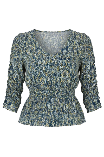 Liverpool Women's 3/4 Ruched Sleeve V Neck Knit Top / Navy Gold Multi