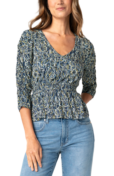 Liverpool Women's 3/4 Ruched Sleeve V Neck Knit Top / Navy Gold Multi