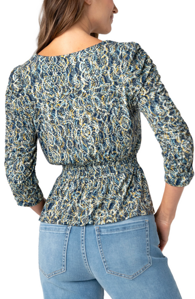Liverpool Women's 3/4 Ruched Sleeve V Neck Knit Top / Navy Gold Multi