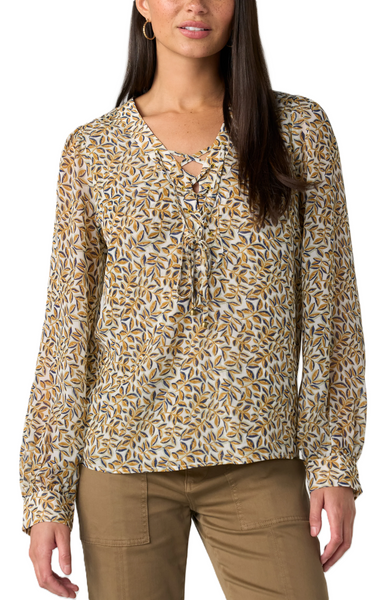 Liverpool Long Sleeve Lace Up Front Woven Blouse / Gold Blue Multi