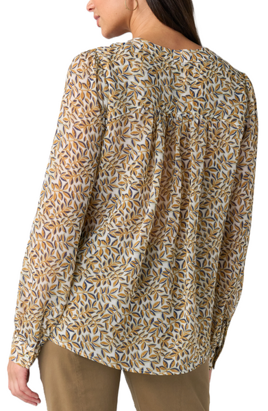 Liverpool Long Sleeve Lace Up Front Woven Blouse / Gold Blue Multi