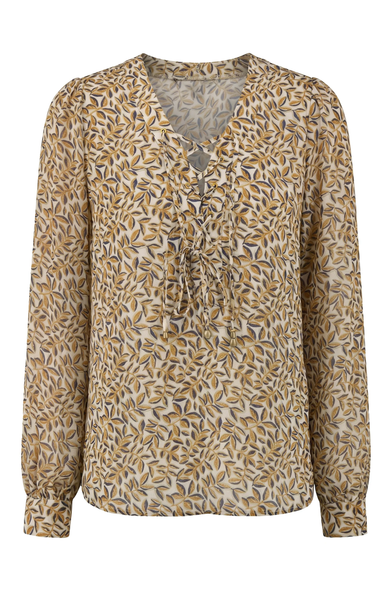 Liverpool Long Sleeve Lace Up Front Woven Blouse / Gold Blue Multi