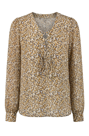 Liverpool Long Sleeve Lace Up Front Woven Blouse / Gold Blue Multi