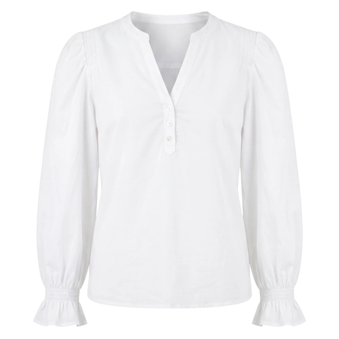 Liverpool Women's 3/4 Sleeve Knit-to-Woven Top With Smocking / White