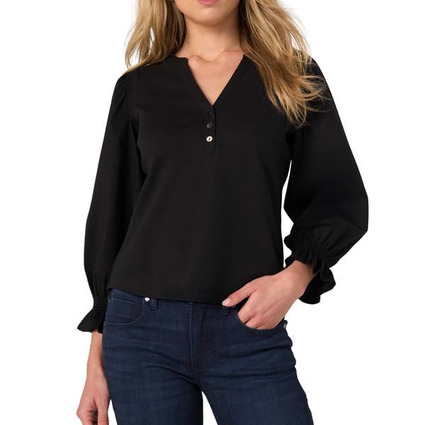 Liverpool Women's 3/4 Sleeve Knit-to-Woven Top With Smocking / Black