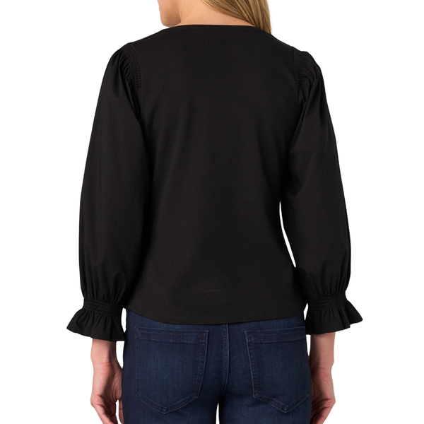 Liverpool Women's 3/4 Sleeve Knit-to-Woven Top With Smocking / Black