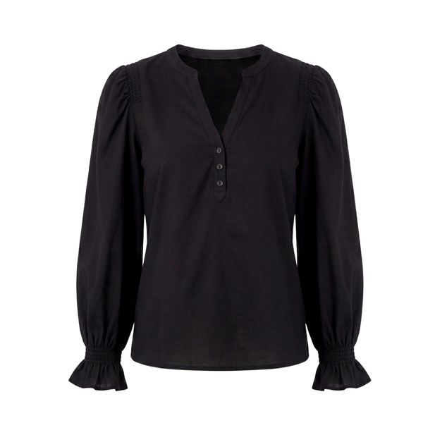 Liverpool Women's 3/4 Sleeve Knit-to-Woven Top With Smocking / Black