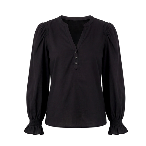 Liverpool Women's 3/4 Sleeve Knit-to-Woven Top With Smocking / Black