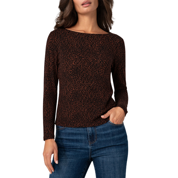 Liverpool Women's Long Sleeve Boat Neck Knit Top / Rust Dots