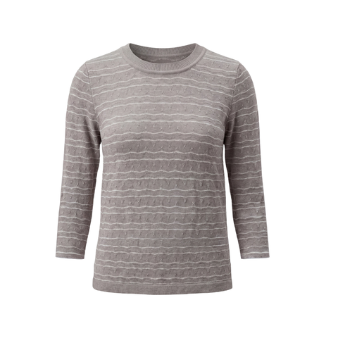 Liverpool Women's 3/4 Sleeve Crew Neck Knit Top With Rib Trim / Grey Stripe