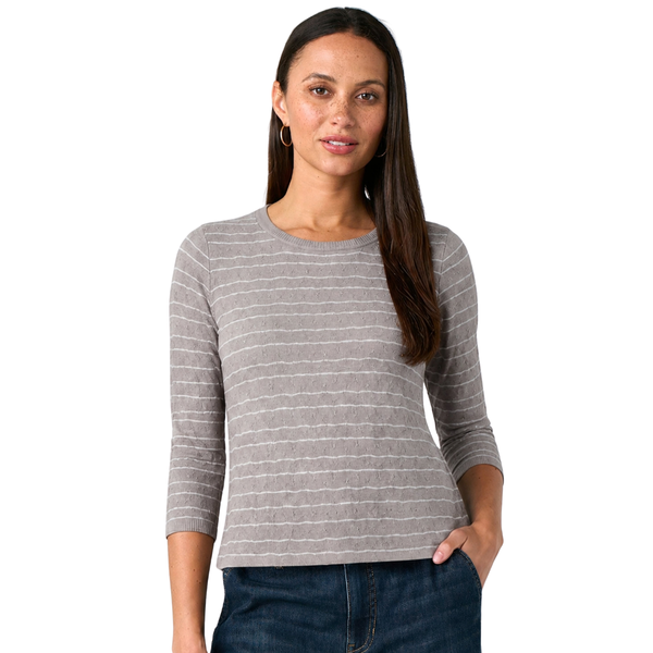 Liverpool Women's 3/4 Sleeve Crew Neck Knit Top With Rib Trim / Grey Stripe