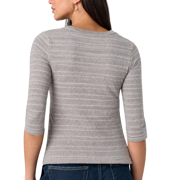 Liverpool Women's 3/4 Sleeve Crew Neck Knit Top With Rib Trim / Grey Stripe