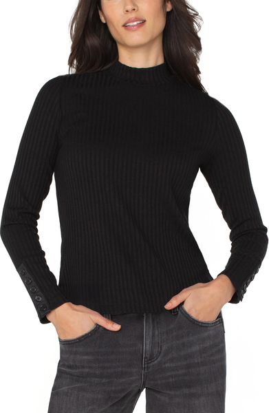 Liverpool Women's Long Sleeve Mock Neck Knit Top W/ Button Detail / Black