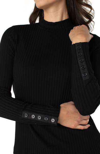 Liverpool Women's Long Sleeve Mock Neck Knit Top W/ Button Detail / Black