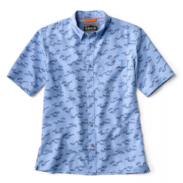 Orvis Men's SS Printed Tech Chambray Shirt / Medium Blue Tarpon