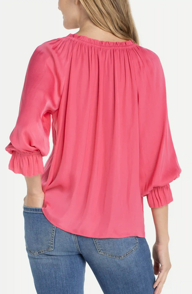 Liverpool 3/4 Button Front Pink Woven With Ruffle Designs Top