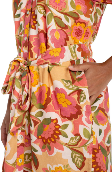 Liverpool Women's Short Sleeve Shirred Button Front Multi Tan Floral Dress