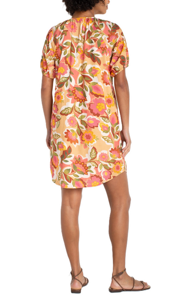 Liverpool Women's Short Sleeve Shirred Button Front Multi Tan Floral Dress