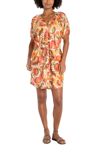 Liverpool Women's Short Sleeve Shirred Button Front Multi Tan Floral Dress