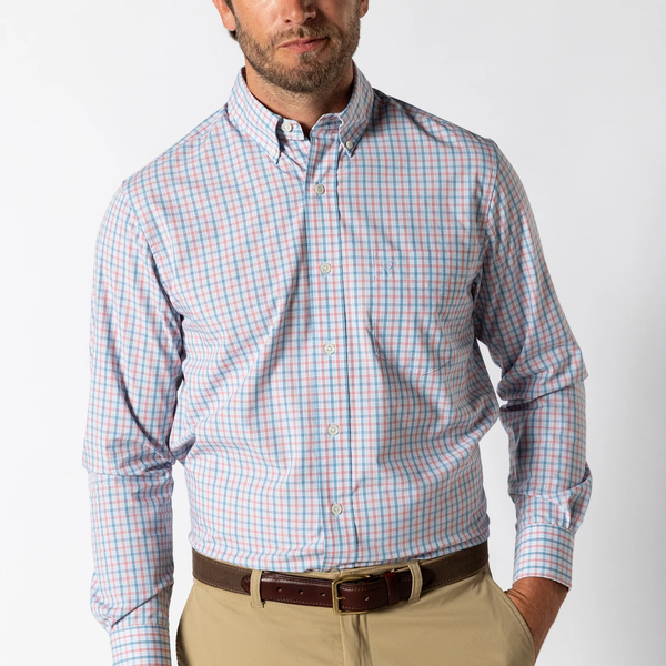 Duck Head Men's L/S Performance Poplin Sport Shirt / Trent Plaid - Sunwashed Red