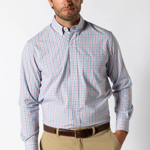 Duck Head Men's L/S Performance Poplin Sport Shirt / Trent Plaid - Sunwashed Red